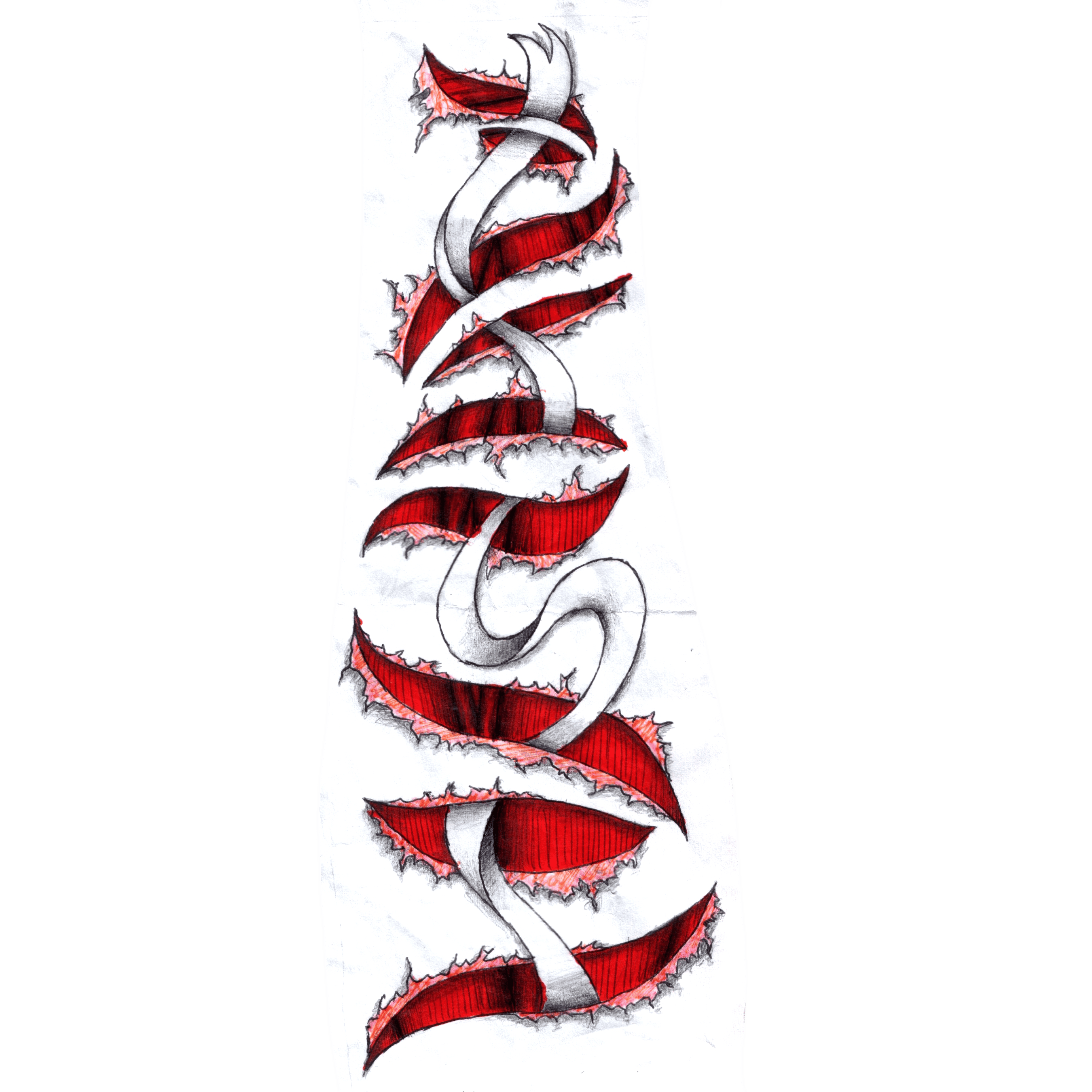 A stylised illustration of an arm with open wounds, with a ribbon winding through the cuts